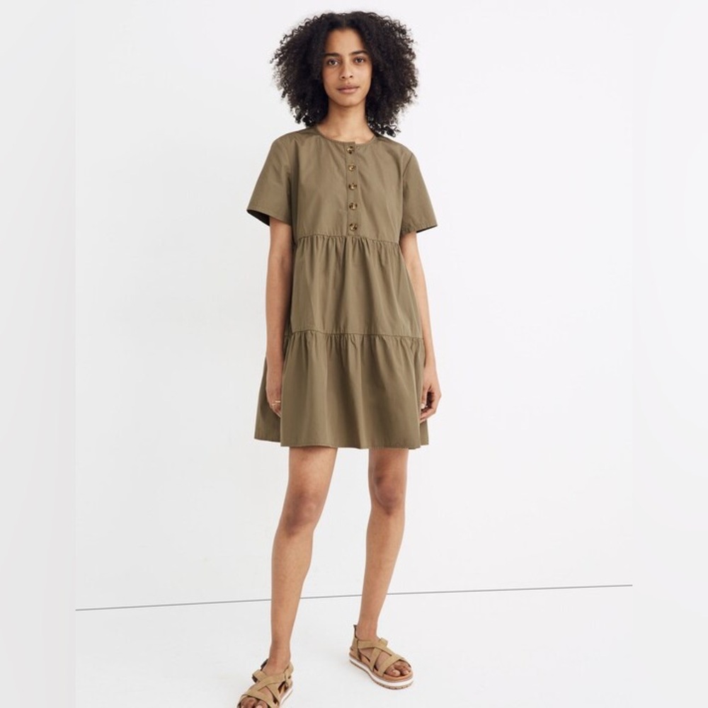 MADEWELL Button-Front Short-Sleeve Tiered Mini Dress